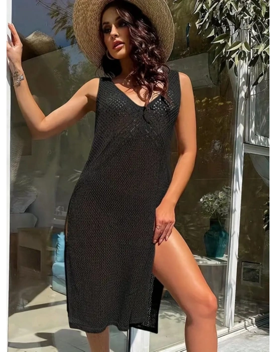 Kadın Kolsuz V Yaka Kalın Askılı Sırt Derin Dekolte Ve Yırtmaç Detay Triko Pareo