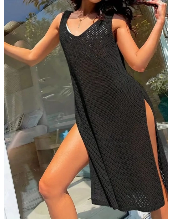 Kadın Kolsuz V Yaka Kalın Askılı Sırt Derin Dekolte Ve Yırtmaç Detay Triko Pareo