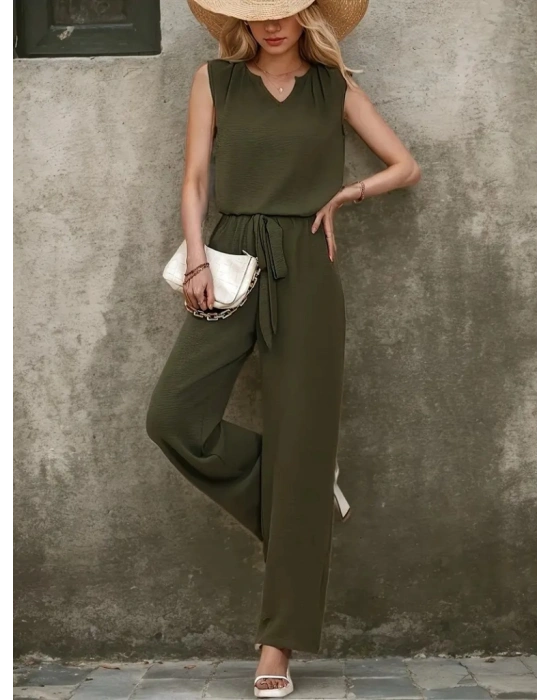 Kadın Kolsuz V Yakalı Aerobin Bluz Ve Belden Kuşaklı Pantolon Ikili Takım
