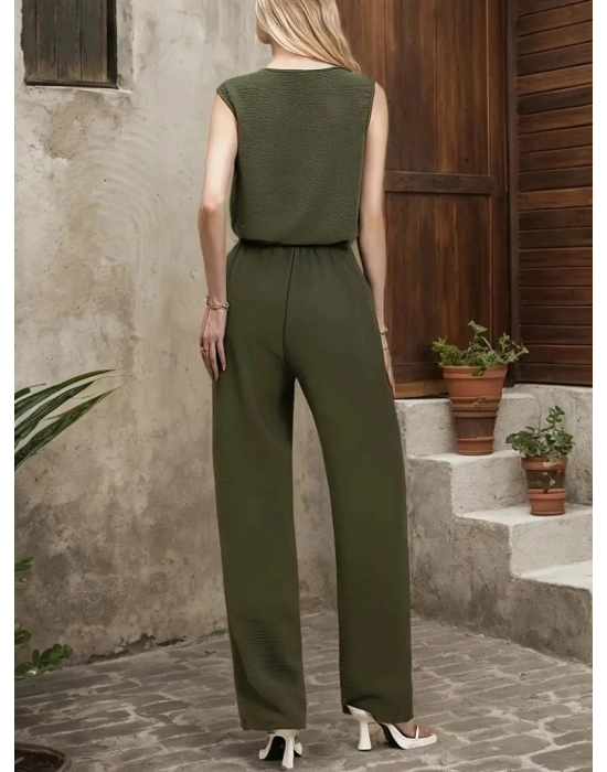 Kadın Kolsuz V Yakalı Aerobin Bluz Ve Belden Kuşaklı Pantolon Ikili Takım