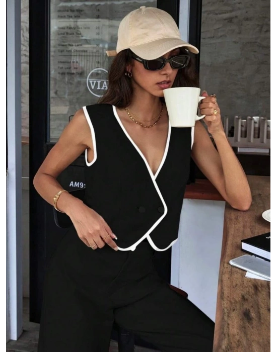 Kadın Kolsuz V Yakalı Düğmeli Ithal Krep Yelek Ve Pantolon Ikili Takım