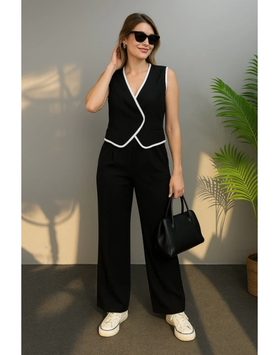 Kadın Kolsuz V Yakalı Düğmeli Ithal Krep Yelek Ve Pantolon Ikili Takım