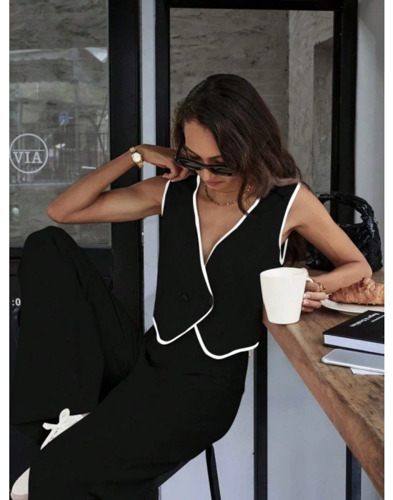 Kadın Kolsuz V Yakalı Düğmeli Ithal Krep Yelek Ve Pantolon Ikili Takım