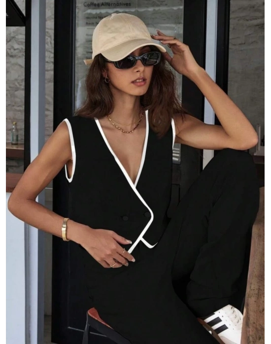 Kadın Kolsuz V Yakalı Düğmeli Ithal Krep Yelek Ve Pantolon Ikili Takım