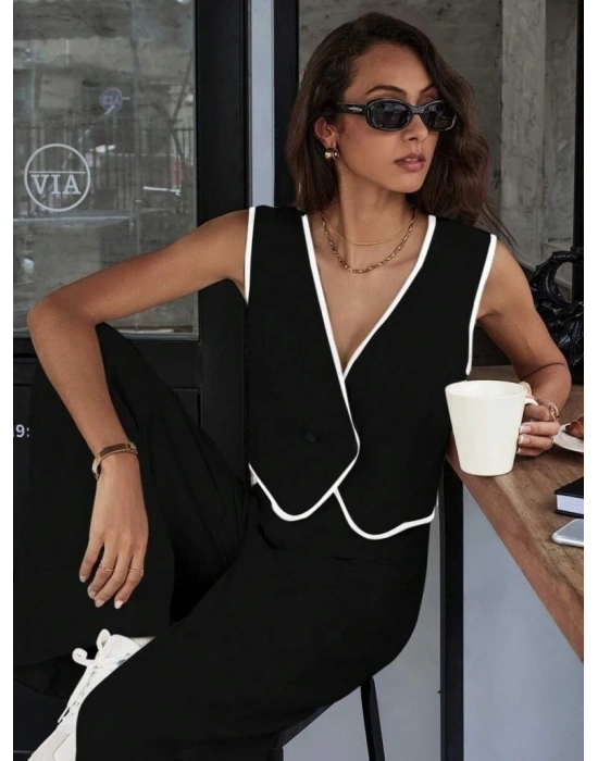 Kadın Kolsuz V Yakalı Düğmeli Ithal Krep Yelek Ve Pantolon Ikili Takım