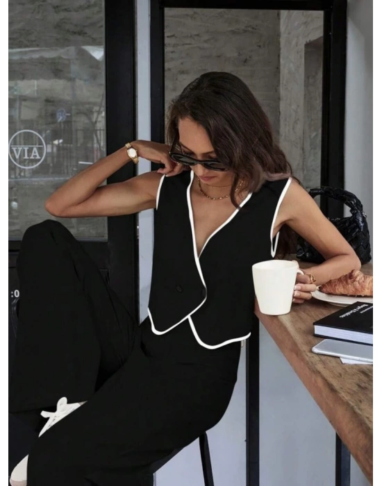 Kadın Kolsuz V Yakalı Düğmeli Ithal Krep Yelek Ve Pantolon Ikili Takım