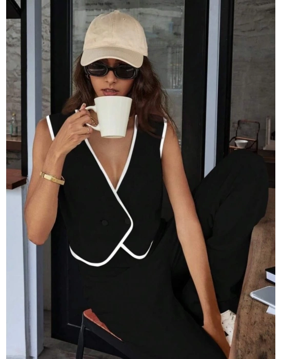 Kadın Kolsuz V Yakalı Düğmeli Ithal Krep Yelek Ve Pantolon Ikili Takım