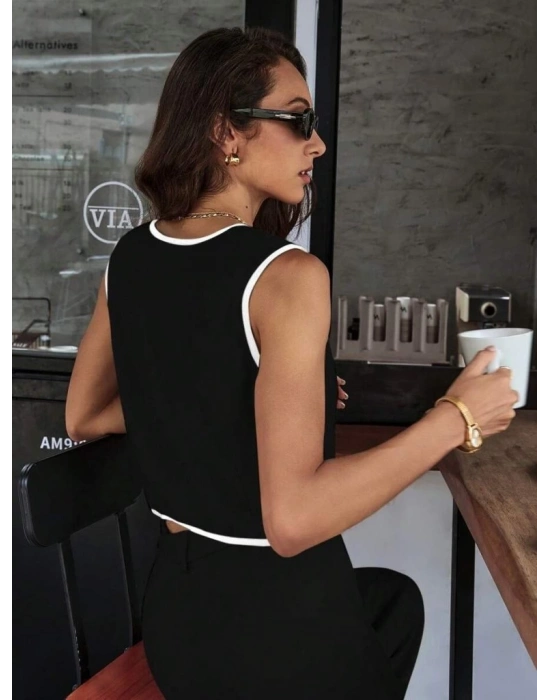 Kadın Kolsuz V Yakalı Düğmeli Ithal Krep Yelek Ve Pantolon Ikili Takım