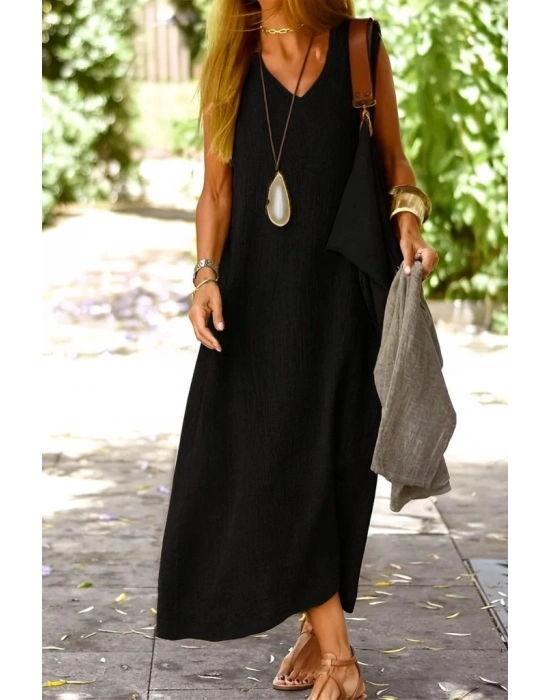 Kadın Kolsuz V Yakalı Maksi Boy Ithal Keten Elbise