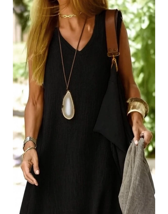 Kadın Kolsuz V Yakalı Maksi Boy Ithal Keten Elbise