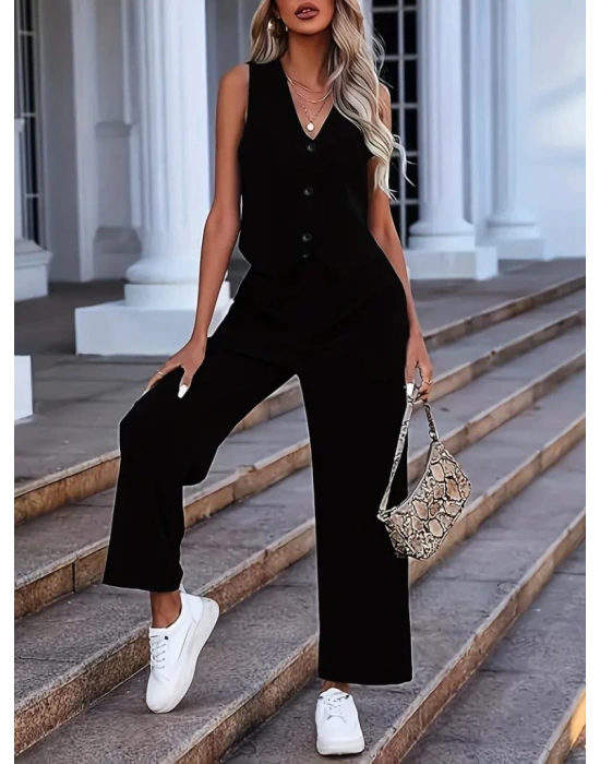 Kadın Kolsuz V Yakalı önden Düğmeli Ithal Krep Ve Pantolon Ikili Takım