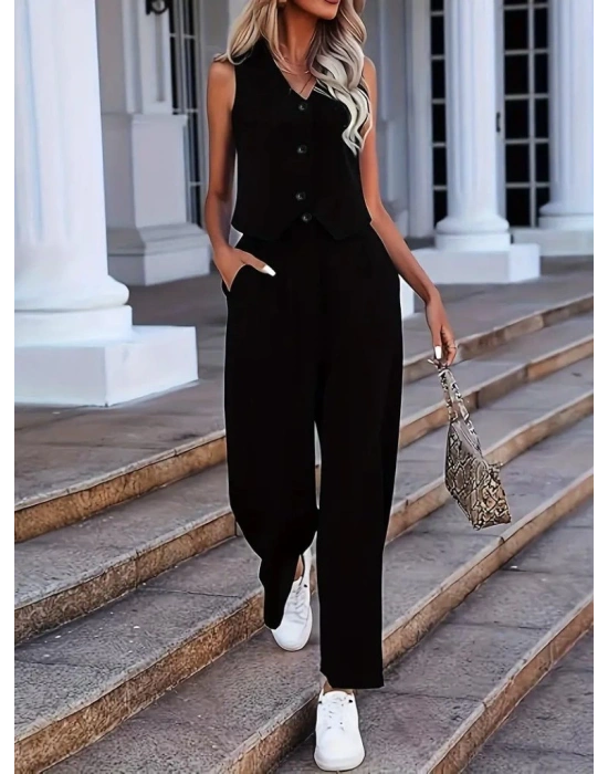 Kadın Kolsuz V Yakalı önden Düğmeli Ithal Krep Ve Pantolon Ikili Takım