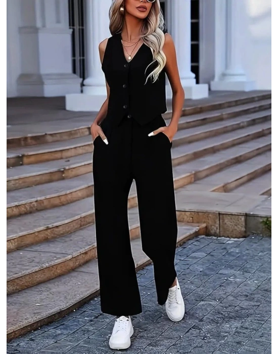 Kadın Kolsuz V Yakalı önden Düğmeli Ithal Krep Ve Pantolon Ikili Takım