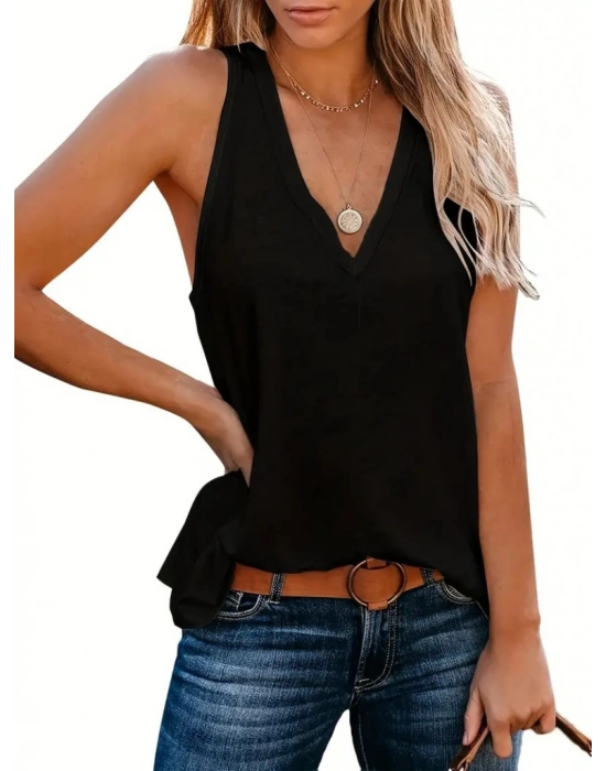 Kadın Kolsuz V Yakalı Salaş Viskon Bluz