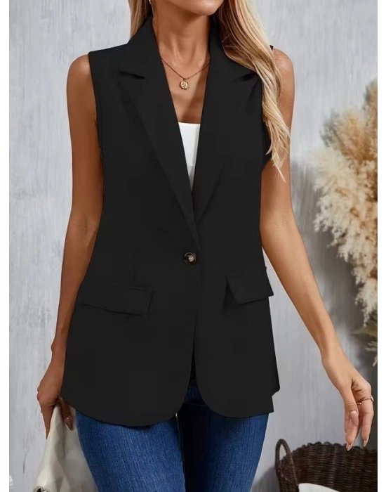 Kadın Kolsuz Yakalı önden Tek Düğmeli Atlas Ceket