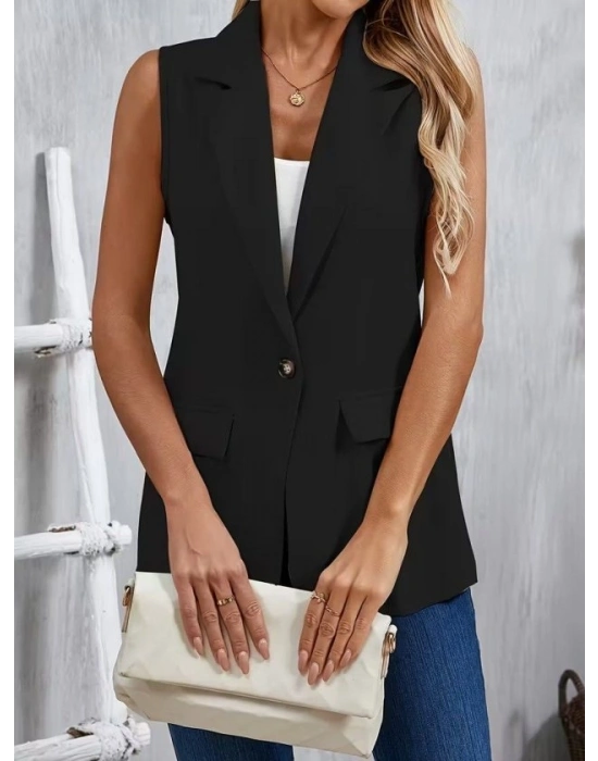 Kadın Kolsuz Yakalı önden Tek Düğmeli Atlas Ceket