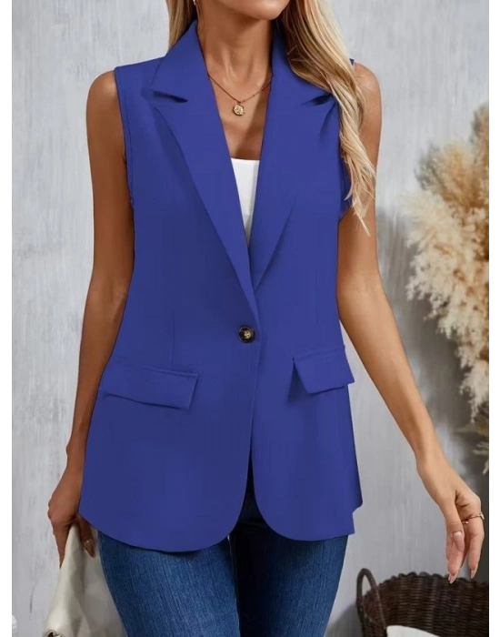 Kadın Kolsuz Yakalı önden Tek Düğmeli Atlas Ceket