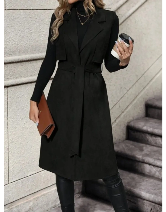 Kadın Kolsuz Yakalı önü Açık Belden Kuşaklı Süet Midi Yelek