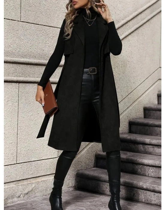 Kadın Kolsuz Yakalı önü Açık Belden Kuşaklı Süet Midi Yelek