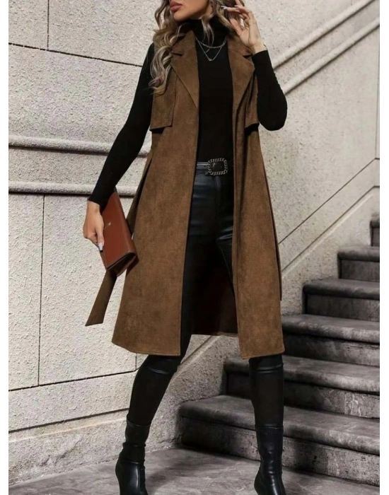 Kadın Kolsuz Yakalı önü Açık Belden Kuşaklı Süet Midi Yelek