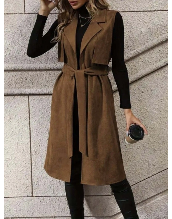 Kadın Kolsuz Yakalı önü Açık Belden Kuşaklı Süet Midi Yelek