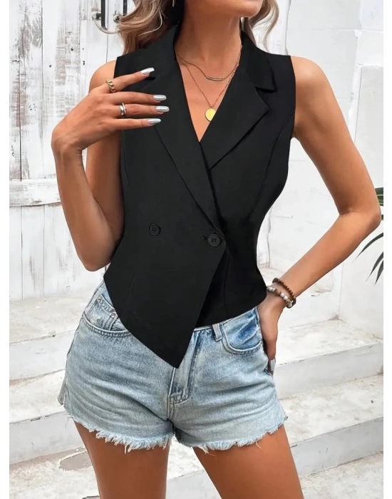 Kadın Kolsuz Yakalı Yandan Düğmeli Atlas Yelek