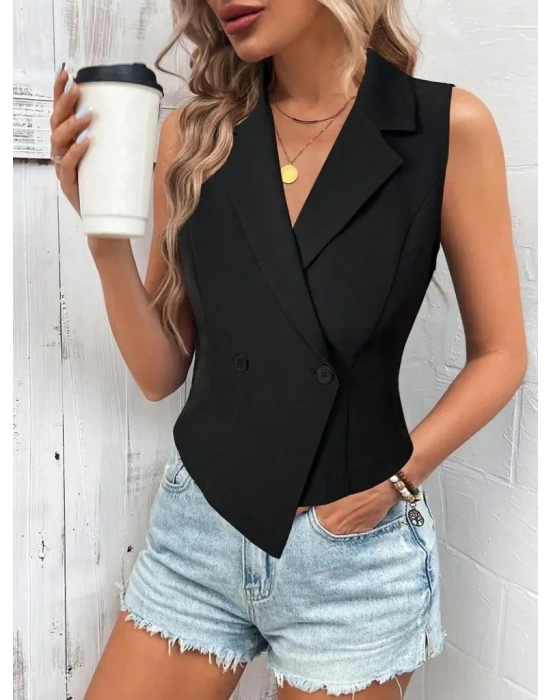 Kadın Kolsuz Yakalı Yandan Düğmeli Atlas Yelek