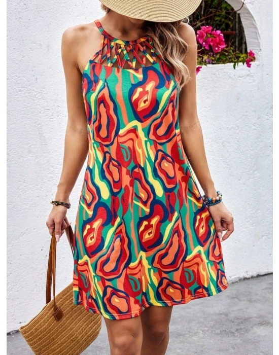 Kadın Kolsuz Yuvarlak Yaka önden çapraz şerit Detay çok Renkli Baskılı Süprem Kısa Elbise