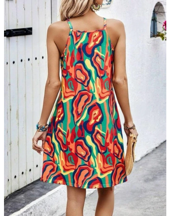 Kadın Kolsuz Yuvarlak Yaka önden çapraz şerit Detay çok Renkli Baskılı Süprem Kısa Elbise