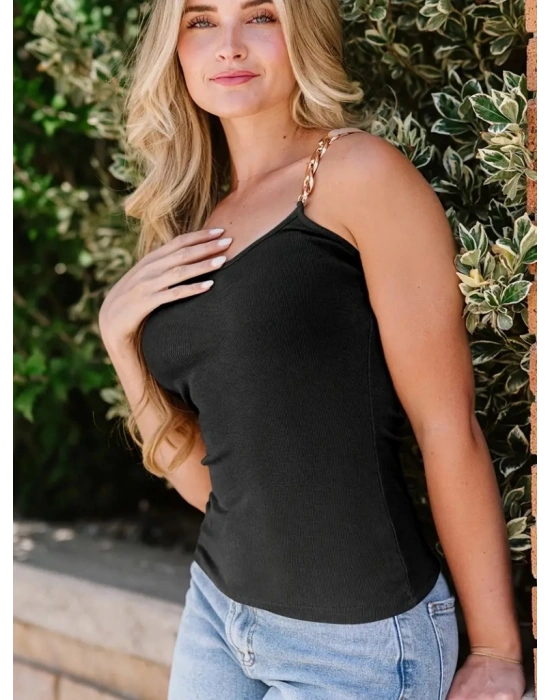 Kadın Kolsuz Zincir Askılı Kaşkorse Bodycon Bluz