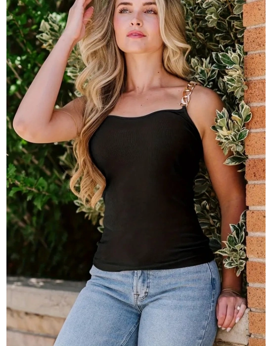 Kadın Kolsuz Zincir Askılı Kaşkorse Bodycon Bluz