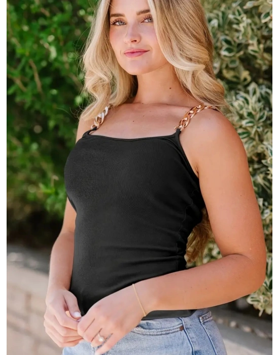 Kadın Kolsuz Zincir Askılı Kaşkorse Bodycon Bluz