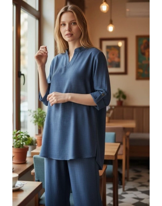 Kadın Kolu Katlanır Düğme Detay Hakim Yaka Bluzve Pantolon Sofia Keten Kumaş Ikili Takim