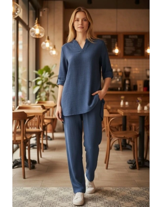 Kadın Kolu Katlanır Düğme Detay Hakim Yaka Bluzve Pantolon Sofia Keten Kumaş Ikili Takim