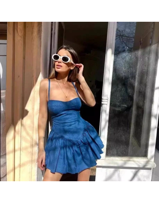 Kadın Kot Kumaş Göğüs Glop Detaylı ırt Fermuarlı Mini Boy Elbise