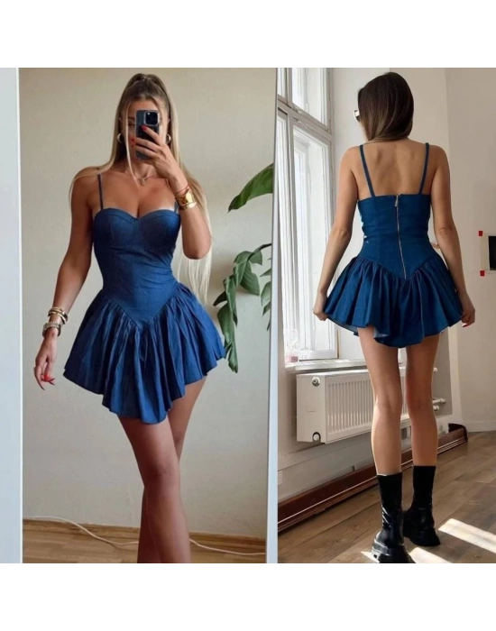 Kadın Kot Kumaş Göğüs Glop Detaylı ırt Fermuarlı Mini Boy Elbise