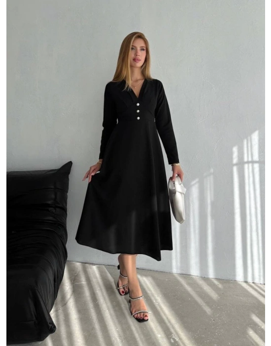 Kadın Krep Kumaş Düğme Detaylı V Yaka Uzun Kollu Midi Boy Elbise