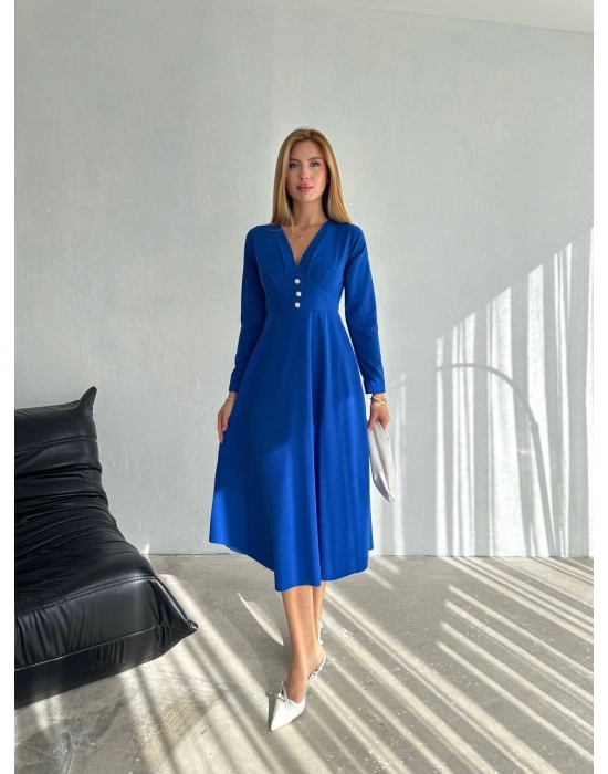 Kadın Krep Kumaş Düğme Detaylı V Yaka Uzun Kollu Midi Boy Elbise