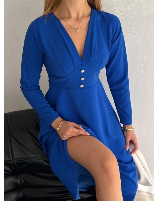 Kadın Krep Kumaş Düğme Detaylı V Yaka Uzun Kollu Midi Boy Elbise