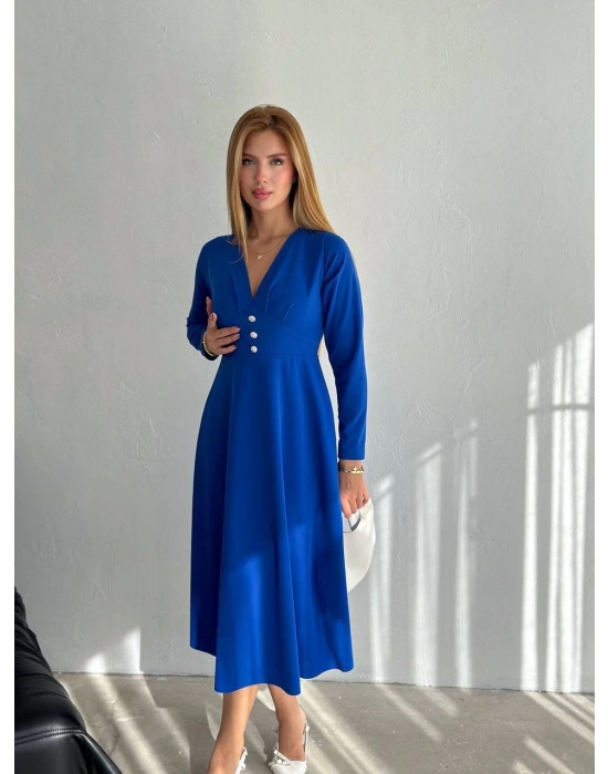 Kadın Krep Kumaş Düğme Detaylı V Yaka Uzun Kollu Midi Boy Elbise