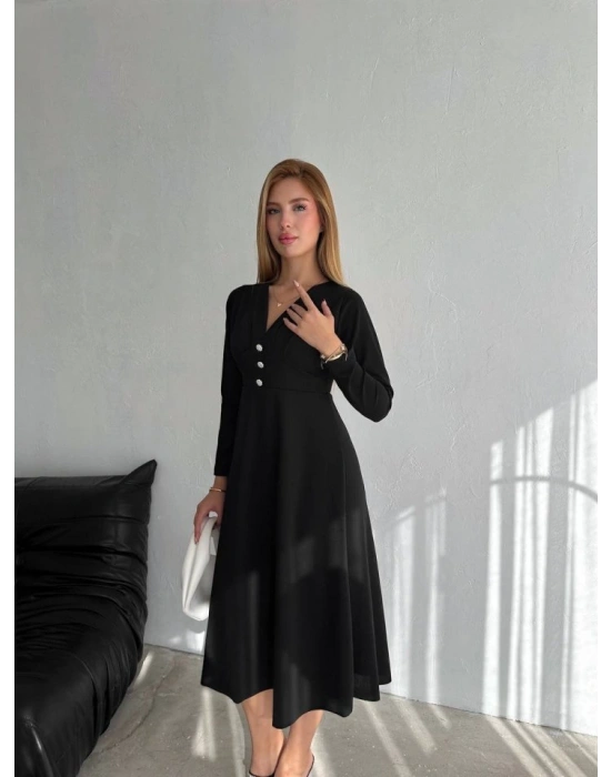 Kadın Krep Kumaş Düğme Detaylı V Yaka Uzun Kollu Midi Boy Elbise