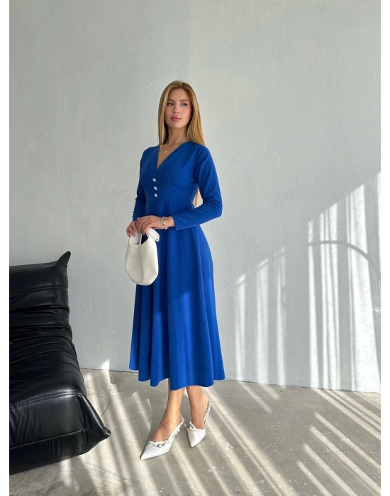 Kadın Krep Kumaş Düğme Detaylı V Yaka Uzun Kollu Midi Boy Elbise