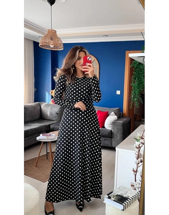 Kadın Krep Kumaş Uzun Kollu Tam Boy Puantiyeli Elbise 132 Cm