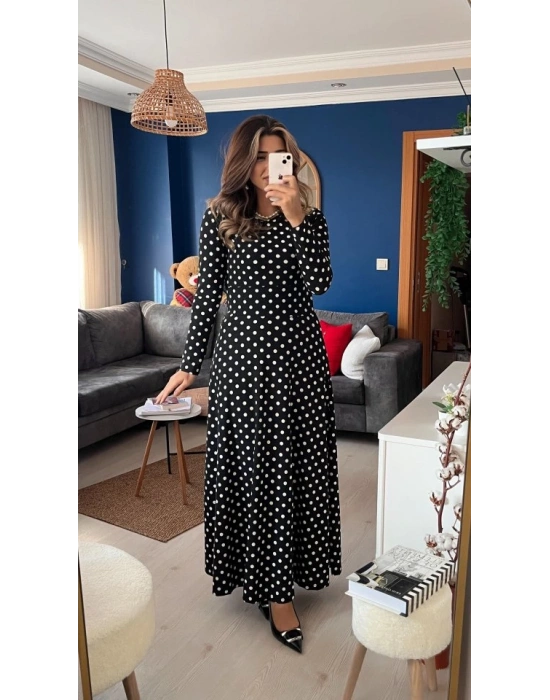 Kadın Krep Kumaş Uzun Kollu Tam Boy Puantiyeli Elbise 132 Cm