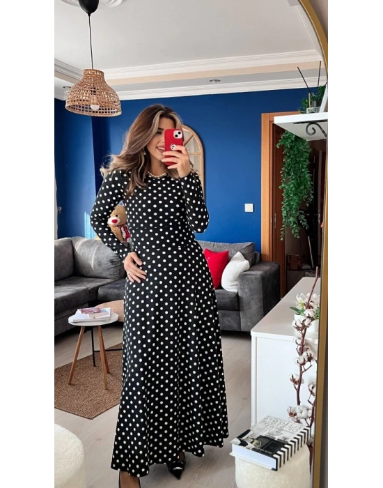 Kadın Krep Kumaş Uzun Kollu Tam Boy Puantiyeli Elbise 132 Cm