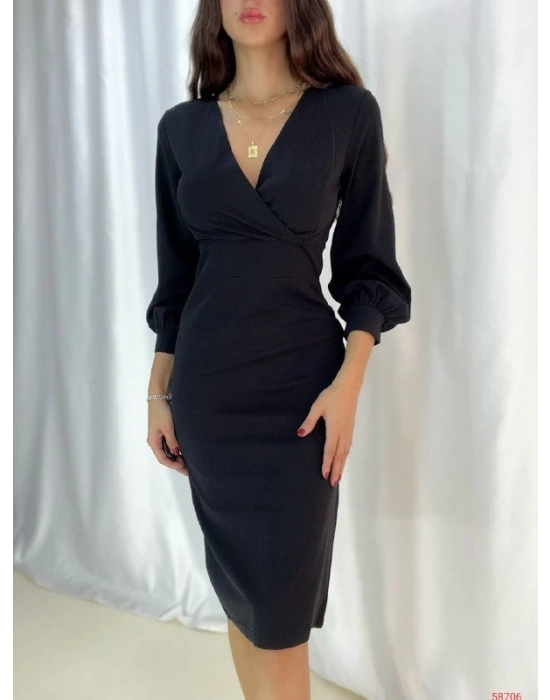 Kadın Kruvaze Yaka Balon Kol idi Boy Elbise