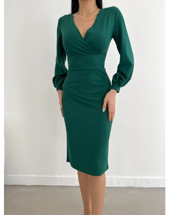 Kadın Kruvaze Yaka Balon Kol idi Boy Elbise