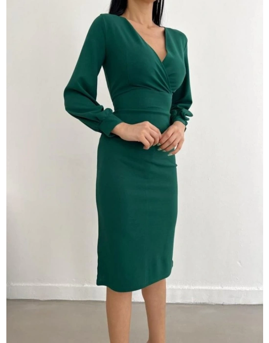 Kadın Kruvaze Yaka Balon Kol idi Boy Elbise