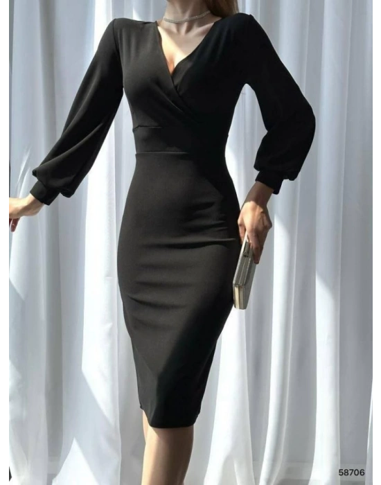 Kadın Kruvaze Yaka Balon Kol idi Boy Elbise