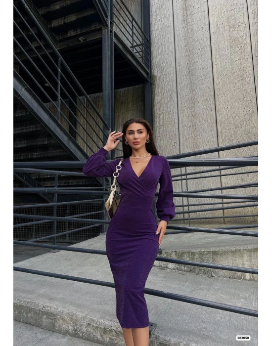 Kadın Kruvaze Yaka Balon Kol imli Krep Kumaş idi Boy Elbise